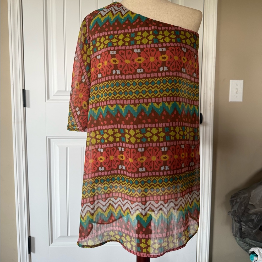 Judith March One Shoulder Boho Ikat Floral Tunic Top Small Made in USA 5130-4